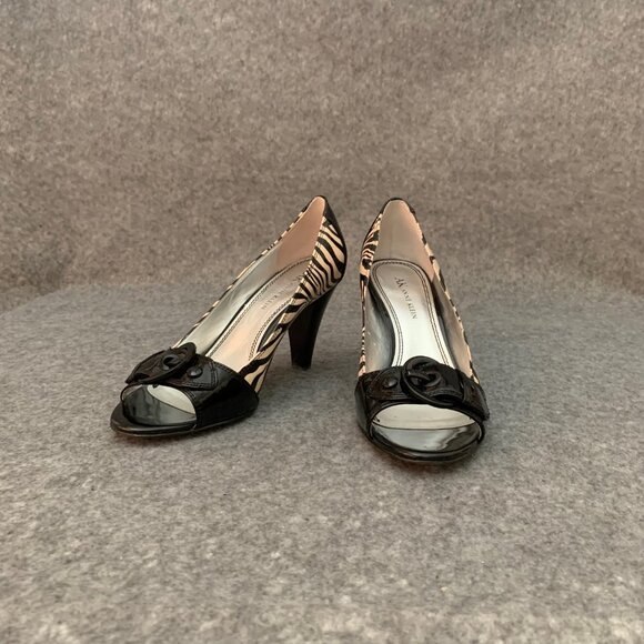 Anne Klein Women’s Leather Heel Black and Cream Zebra Pattern Peep Toe Shoes - Picture 3 of 12